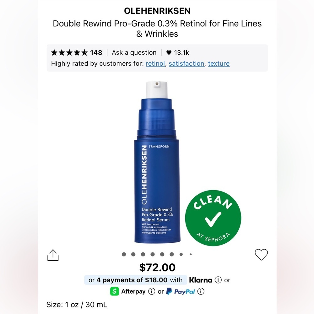 OLEHENRIKSEN
Double Rewind Pro-Grade 0.3% Retinol for Fine Lines
& Wrinkles